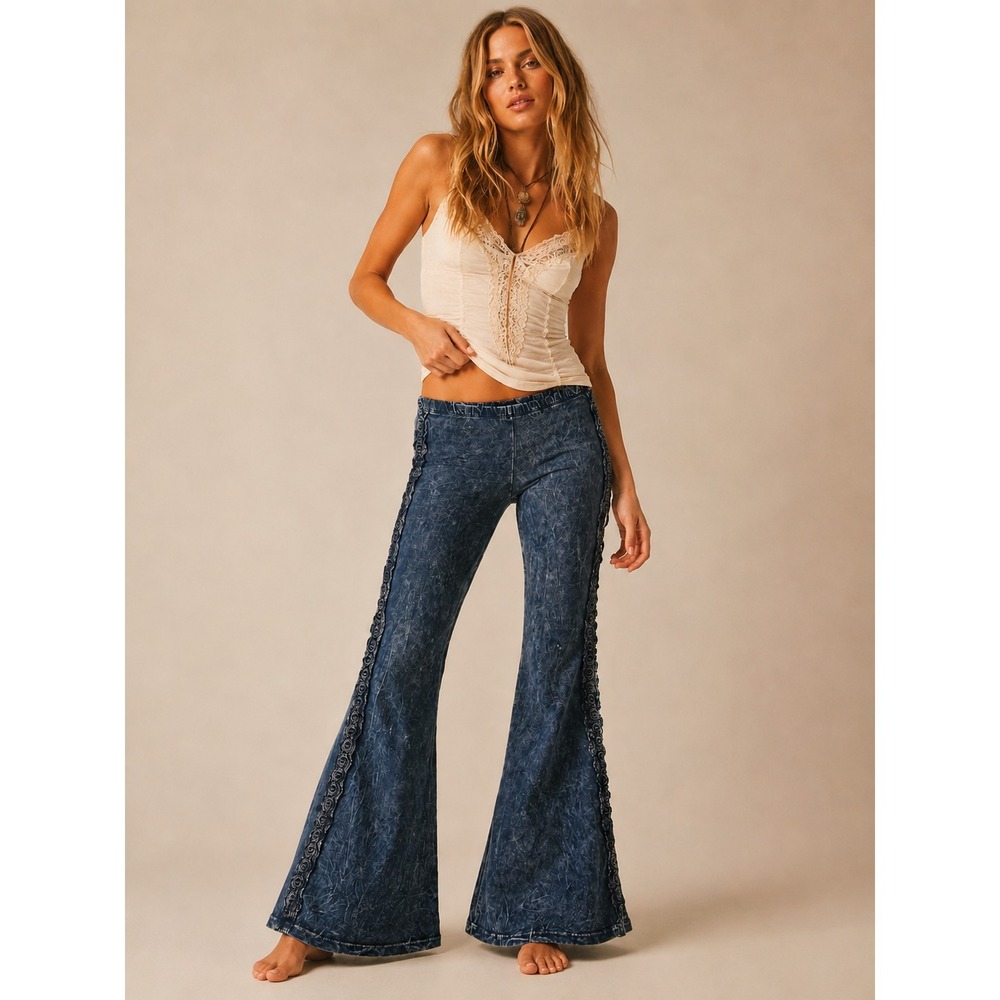 Chatoyant Flare Pants M Blue Acid Wash Boho Bell Bottom Stretch Festival USA
